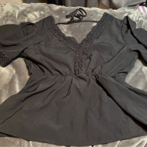 Black Peplum Cap Sleeve Blouse with Tie Front